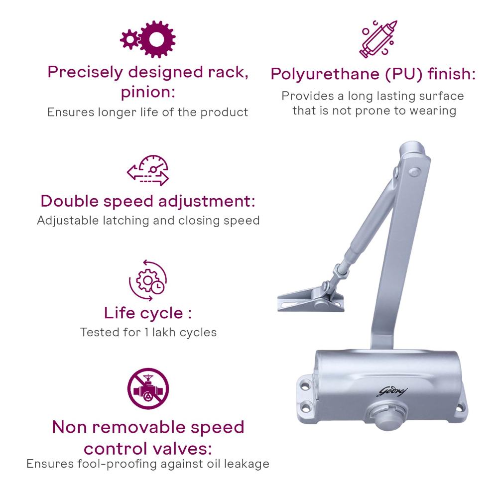 Godrej Hercules Door Closer | No Oil Leakage Guaranteed | Rack and Pinion Mechanism | Double Speed Adjustment (Silver Finish)